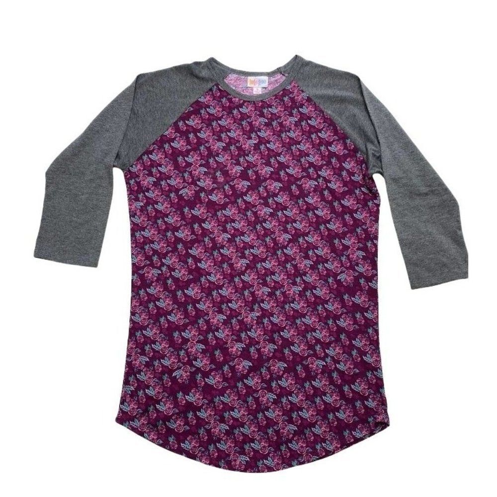 LuLaRoe Randu Purple Gray Rose Floral Raglan‎ Sleeve Top Small New